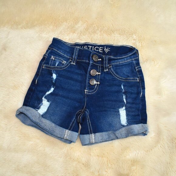 Justice Jean shorts Girls Size 6 Dark Blue Demin Button Fly Distressed - Picture 1 of 9